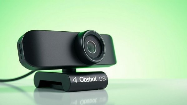 Obsbot Webcam with 4K AI Intelligence on a light green background.