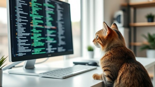 Curious cat watching code on screen, capturing a coding vibe.