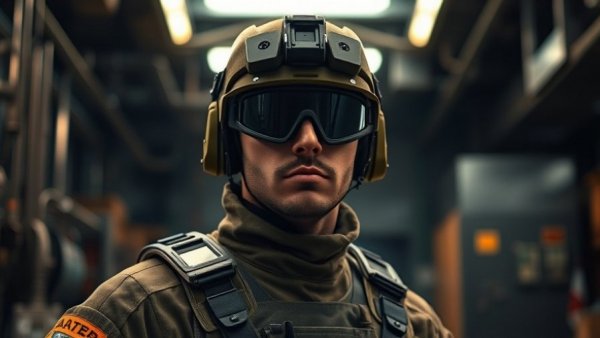 Focused soldier wearing advanced goggles in defense scenario.
