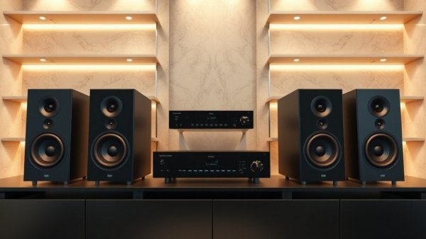 Modern consumer technology: sleek black speakers in minimalist setting.
