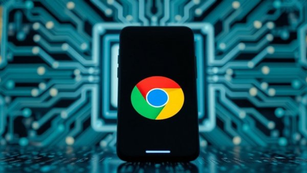 Chrome browser logo on phone with AI circuit board in background.