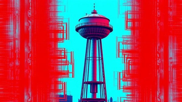 Abstract water tower with digital glitch red and blue background.