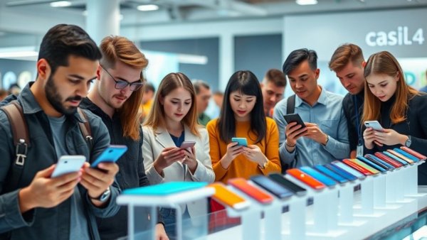 People examining iPhone models at a tech display