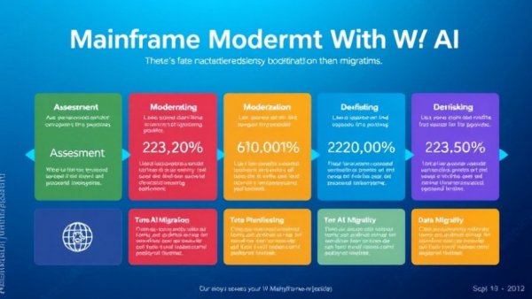 Four stages of mainframe modernization with AI tools infographic.