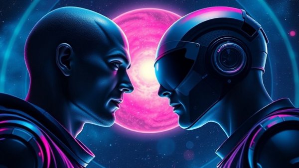 Dramatic space race symbolic poster with two figures, blue and pink cosmic backdrop.