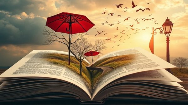 Surreal landscape with open book; AI-written stories concept.
