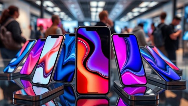Display of modern Apple smartphones at tech showcase