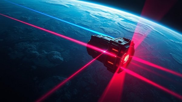 Futuristic satellite with colorful beams in space, quantum computing concept