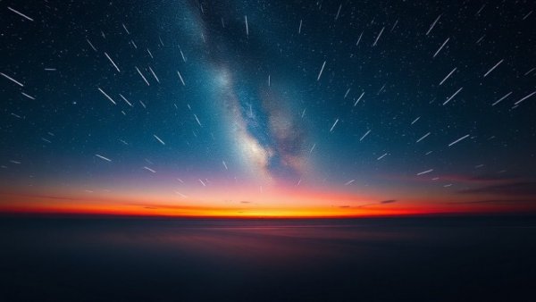 Vibrant Perseid meteor shower 2023 over calm sea.