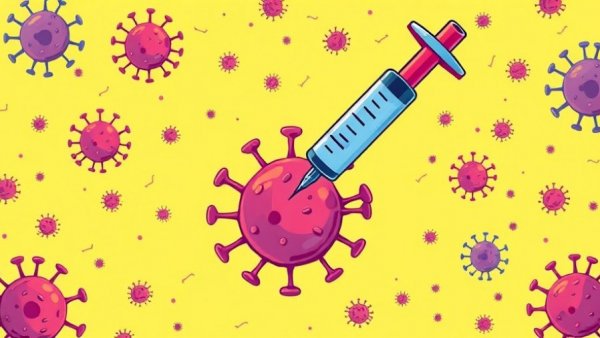 Biology and biotech drug discovery concept with virus and syringe