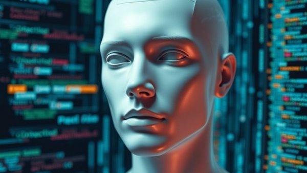 Digital human face with programming code symbolizing AI impact