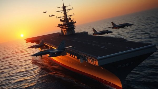 US Navy aircraft carrier at sunset with fighter jet.