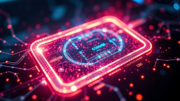 Futuristic display illustrating quantum computing with vibrant neon visuals.