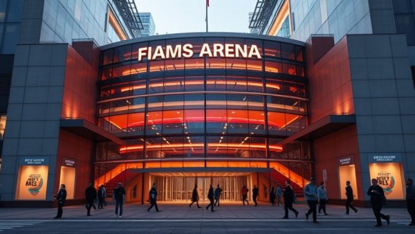 Modern arena entrance with people, related to facial recognition technology privacy.