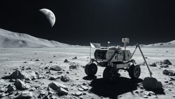 Futuristic lunar rover exploring moon's surface in space.