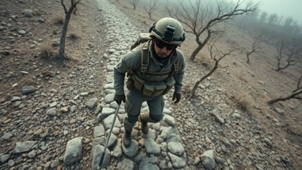 Drone captures soldier with crutch on rugged path, tactical scene