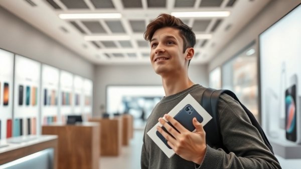 Man with shopping bag holding new iPhone in a tech store, iPhone 18 Pro pricing discussion.