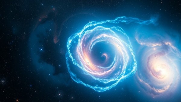 Vibrant cosmic display of swirling galaxies merging, Milky Way formation.