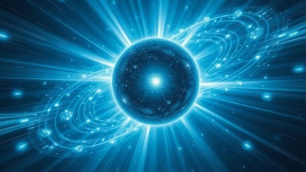 Depiction of vacuum birefringence with a glowing star and light beams in space.