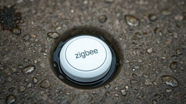 Zigbee leak sensor on a wet surface with water droplets.