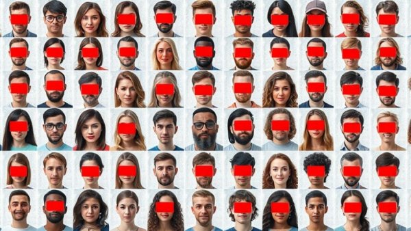 Grid of pixelated headshots, privacy theme.
