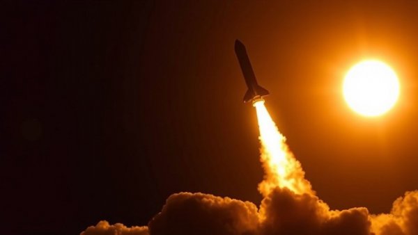 Rocket ascends against the sun, emphasizing space innovation.