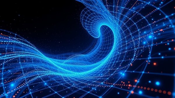 Futuristic quantum computing concept with swirling grid.