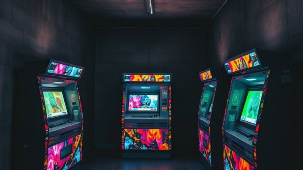Colorful glitch art ATMs showcasing digital vulnerabilities in software supply chain security.