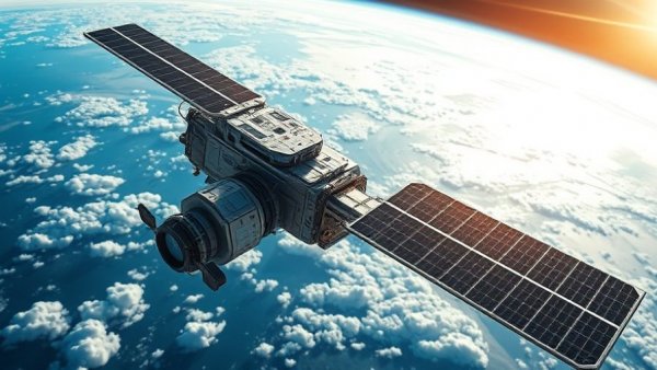 Satellite orbiting Earth with solar panels in space