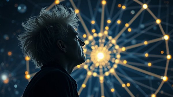Silhouette observing cosmic geometry patterns, quantum mechanics concept