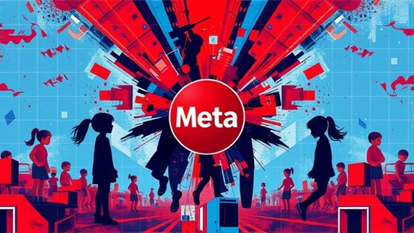 Abstract collage featuring child silhouettes with Meta logo highlighting AI Child Abuse Ads on Meta.