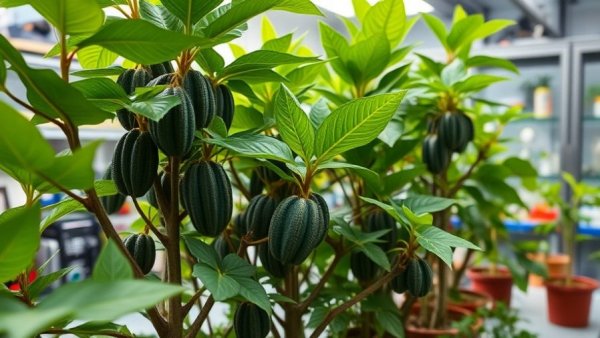 Lush cacao plants thriving in controlled indoor lab with vibrant green hues.