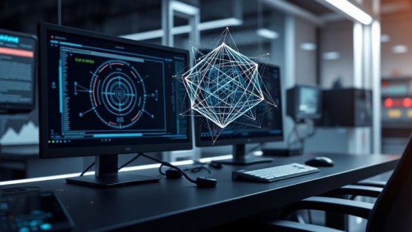 Modern quantum computing setup with monitors, high-tech lab.