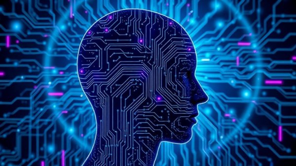 Futuristic AI digital head with circuits and data streams.