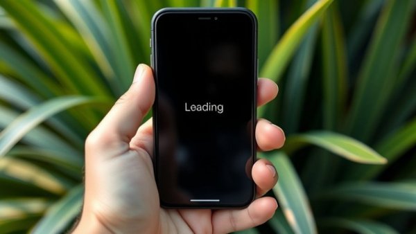 Smartphone with loading screen held by a hand, blurred green backdrop.