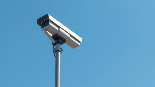 Security camera mounted on pole against blue sky