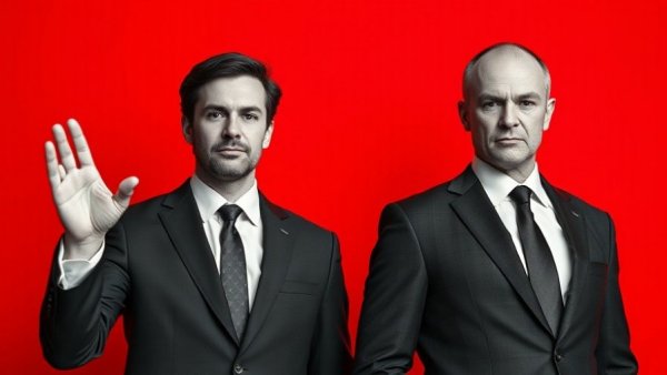Serious individuals against red backdrop, symbolizing tech controversy.