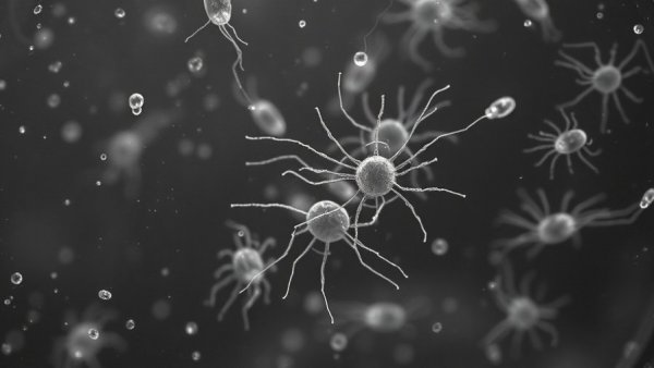 Microscopic bacteriophages in black and white view.