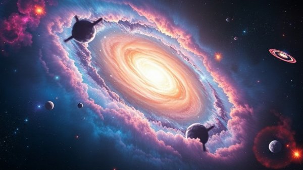 Vibrant cosmic scene with active galaxy and space elements.