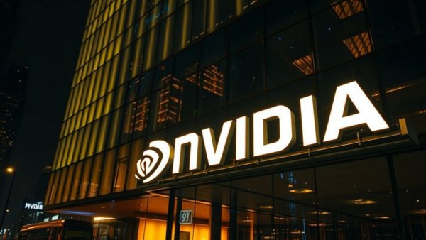 Illuminated NVIDIA sign on a building at night, AI safety technology.