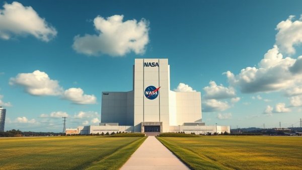 NASA Vehicle Assembly Building with blue sky and clouds
