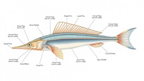 Illustrated anatomy of an oarfish with labeled parts.