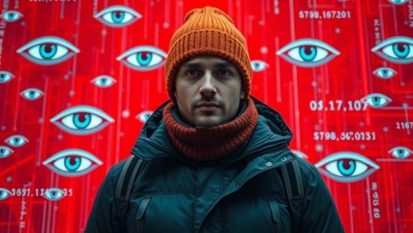 Person surrounded by digital spyware codes, symbolizing US spyware.