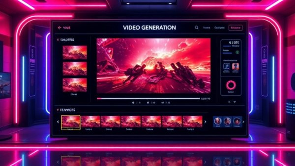 Futuristic AI video prompts generator interface with various elements
