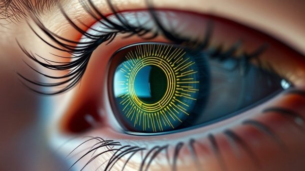 Close-up of an eye with digital circuit reflection, artificial intelligence theme