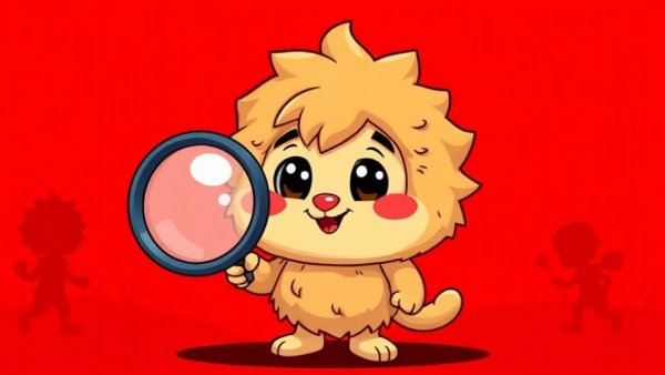Fluffy cartoon character with magnifying glass on red background, Privacy and AI Relationship Management concept.