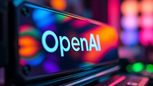 Close-up tech device with OpenAI logo and vibrant reflections