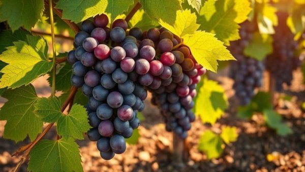 Lush clusters of grapes in sunlight, emphasizing nature.