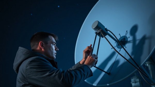 Technician adjusting satellite dish for automated satellite tracking.