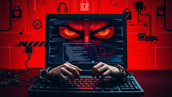 Abstract art of hands chained to laptop, symbolizing cybercrime.